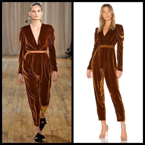 💕ULLA JOHNSON💕 Sabine Gathered Velvet Jumpsuit ~ Copper Brown 6 EUC - Picture 1 of 16